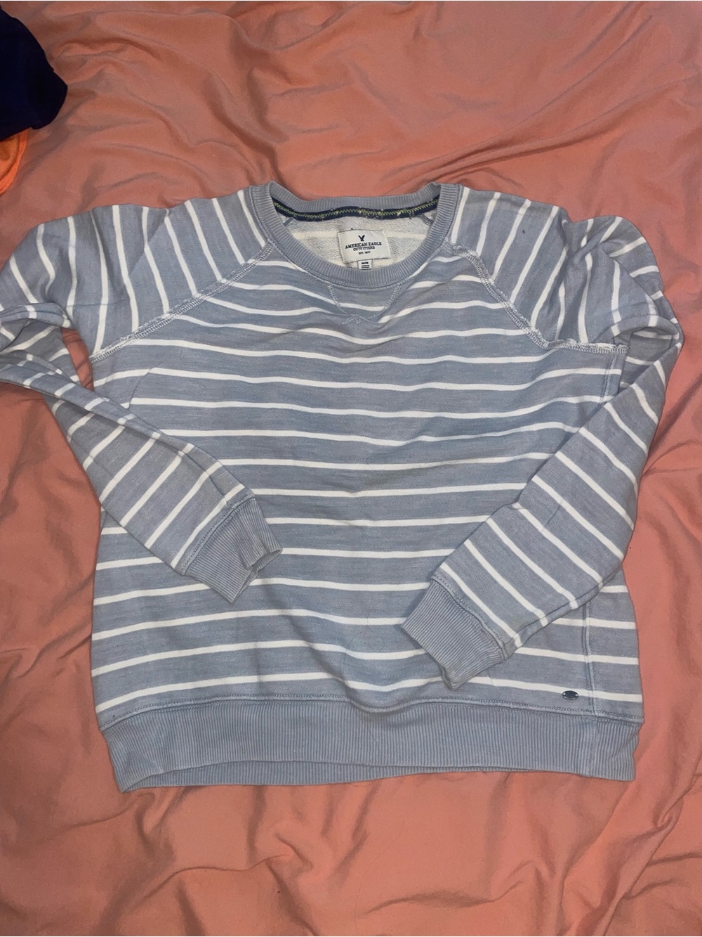 American Eagle Outfitters Light Blue and White Striped Crewneck Sweater